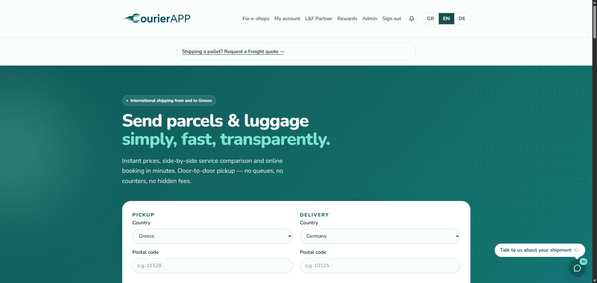 Actual English booking interface · no shipment submitted